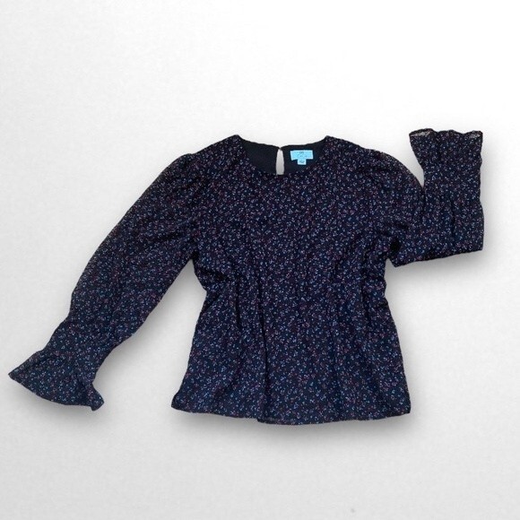 CeCe Tops - CeCe black floral long sleeve with velvet dot women blouse top large